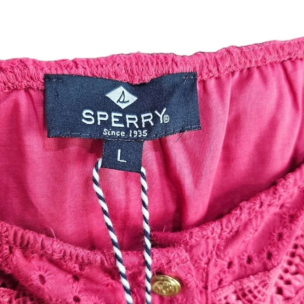 NWT Sperry Cotton Button Down Eyelet & Lace Drawstring Waist Romper Pink Red L
